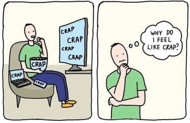 A cartoon of someone watching a TV full of crap, eating a bowl full of crap, and looking at a phone and computer full of crap. the next panel has a thought bubble that says “Why do I feel like crap?”