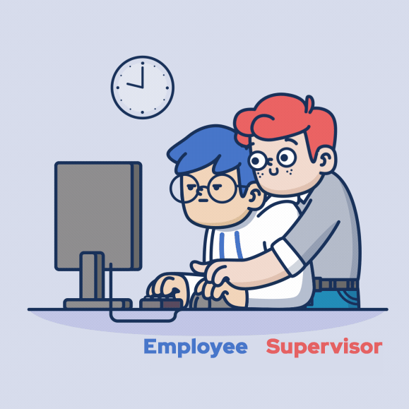 Micromanager leaning over an employee at their computer and moving the mouse.