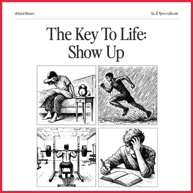The Key to Life: Show Up illustrations of someone getting up tired, running in the rain, lifting weights, and doing homework. @ Sahil Bloom, The 5 Types of Wealth