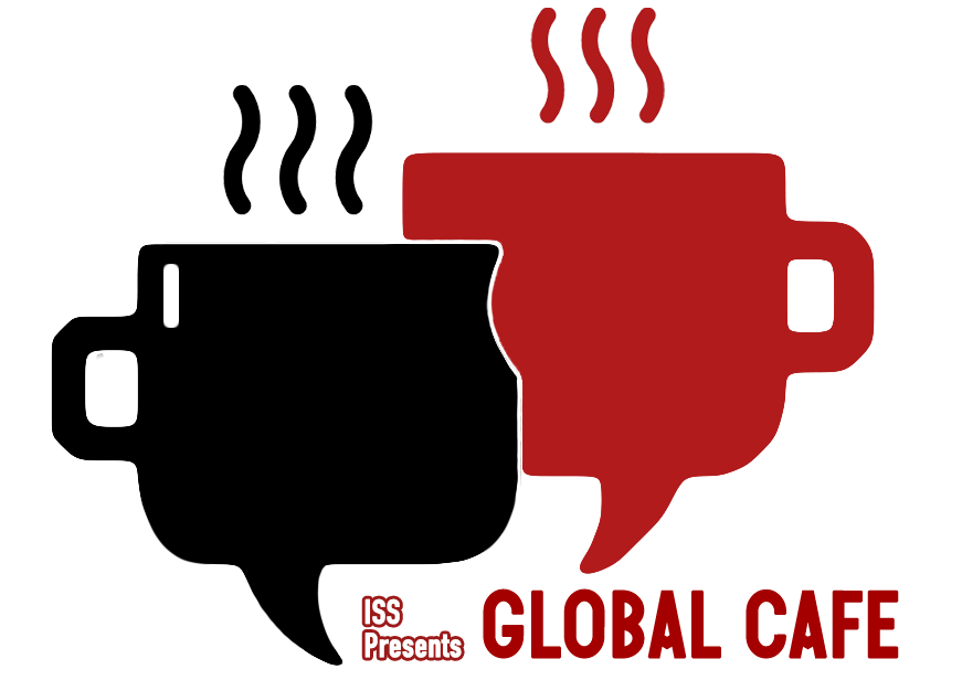 Logo featuring two steaming coffee cups shaped like speech bubbles, one black and one red, with the text “ISS Presents GLOBAL CAFE”.