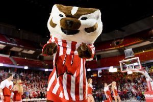 UW mascot Bucky Badger works a crowd of hundreds of UW fans before members of the men's Badgers basketball team enter the Kohl Center at the University of Wisconsin-Madison during a send-off event on April 1, 2015. (Photo by Bryce Richter / UW-Madison)