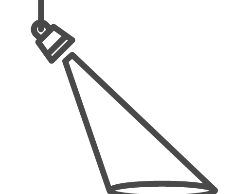 icon: a stage spotlight with light pointed downward icon in black outline