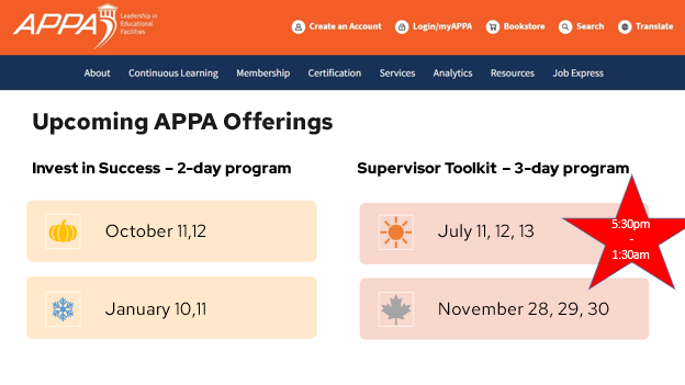 Screenshot with orange "APPA" logo and website heading with detailed information below about "Upcoming APPA Offerings" with graphics: pumpkin, snowflake, sun, maple leaf, star