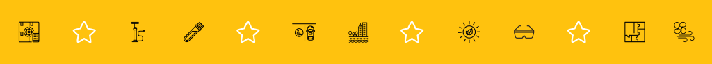 decorative yellow divider with white star graphics and black facilities icons: boxes with gear, bike tire pump, test tube with liquid, parking space next to accessible symbol, buildings by water with trees, leaves in center of sun shape, safety glasses, floor plan rooms, exhaust and fan air symbol