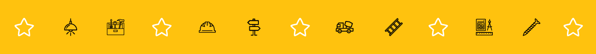 decorative yellow divider with white star graphics and black facilities icons: hard hat, signs, garbage truck, ladder, etc.