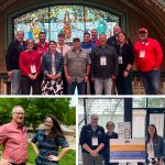 photo collage: two rows of smiling people stand in front of stained glass backdrop on balcony, smiling; below: two people smiling widely with hands on hips in outdoors in front of green trees and grass, three people stand near caricature drawing and sign while smiling wearing Facilities Planning & Management logo apparel and conference passes on lanyards