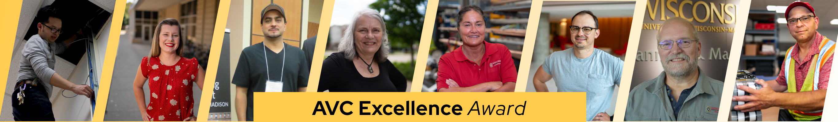 Photo collage of smlling employees, text overlay reads "AVC Excellence Award" on yellow background