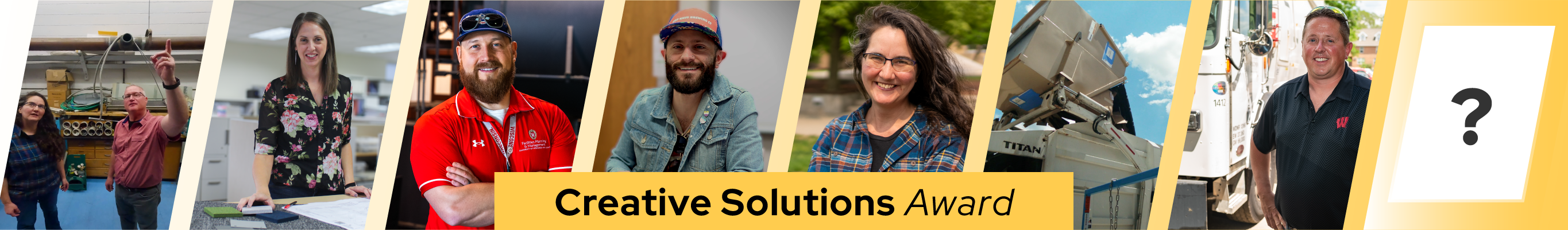 Photo collage of smiling employees, text overlay reads "creative solutions Award" on yellow background