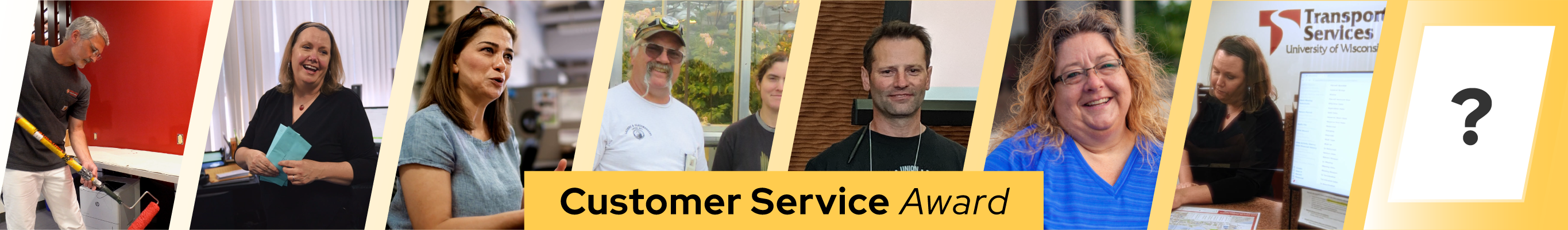 Photo collage of smilling employees, text overlay reads "Customer service Award" on yellow background