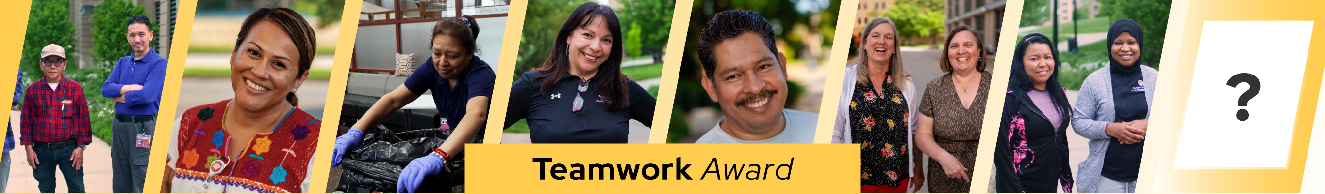Photo collage of smiling employees, text overlay reads "Teamwork Award" on yellow background