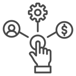 grey hand icon pointing to profile icon, gear icon, and money icon