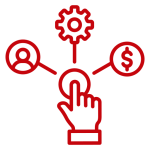 Hand icon pointing to profile icon, gear icon, and money icon