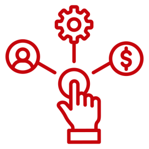 Hand icon pointing to profile icon, gear icon, and money icon