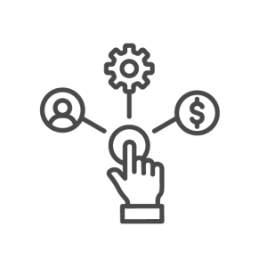 icon: finger pointing upward to four circles with person, gear, dollar sign inside each