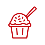 icon: dish of ice cream with sprinkles and a spoon in red outline