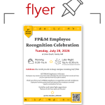 graphic with large red word "flyer" in the top center next to a push pin icon. Below is a yellow and white image of a print flyer with black and red lettering too detailed to read at this small size