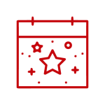 icon: calendar page with stars and sparkles in red outline