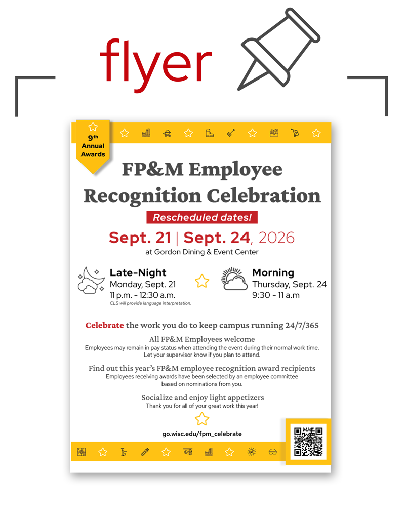 graphic with large red word "flyer" in the top center next to a push pin icon. Below is a yellow and white image of a print flyer with black and red lettering too detailed to read at this small size