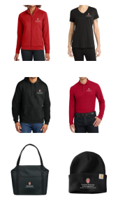 Collage of shirts and accessories with FP&M logos from the webstore 