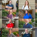 four by four tiled photo collage with 16 headshots of FP&M employees smiling and looking straight ahead; each with different background locations in offices and outdoors