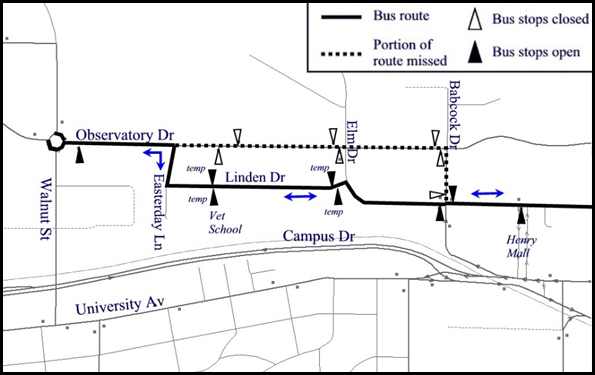 Metro Transit buses detour off Observatory Drive between Easterday Lane and Babcock Drive. Temporary stops available near Veterinary Medicine, the Livestock Laboratory, and the Babcock/Linden intersection.