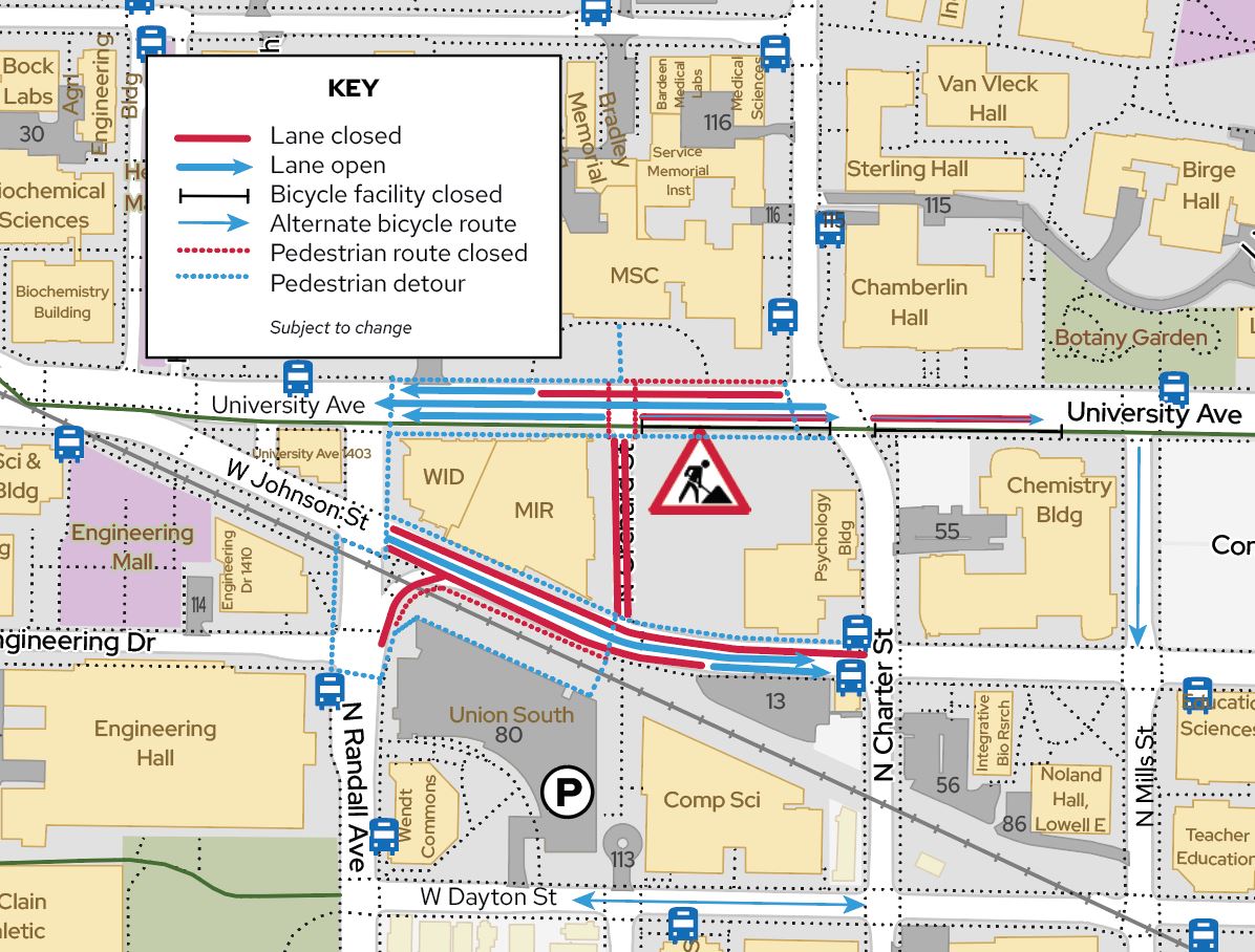 Map of areas surrounding Union South on the UW-Madison campus that will be affected by construction projects during summer 2024. Refer to https://transportation.wisc.edu/2024/04/29/summer-2024-construction-forecast for full descriptions of affected areas.