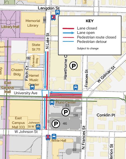 Map of area near N. Lake Street and University Avenue on the UW-Madison campus that will be affected by construction projects during summer 2024. Refer to https://transportation.wisc.edu/2024/04/29/summer-2024-construction-forecast for full descriptions of affected areas.