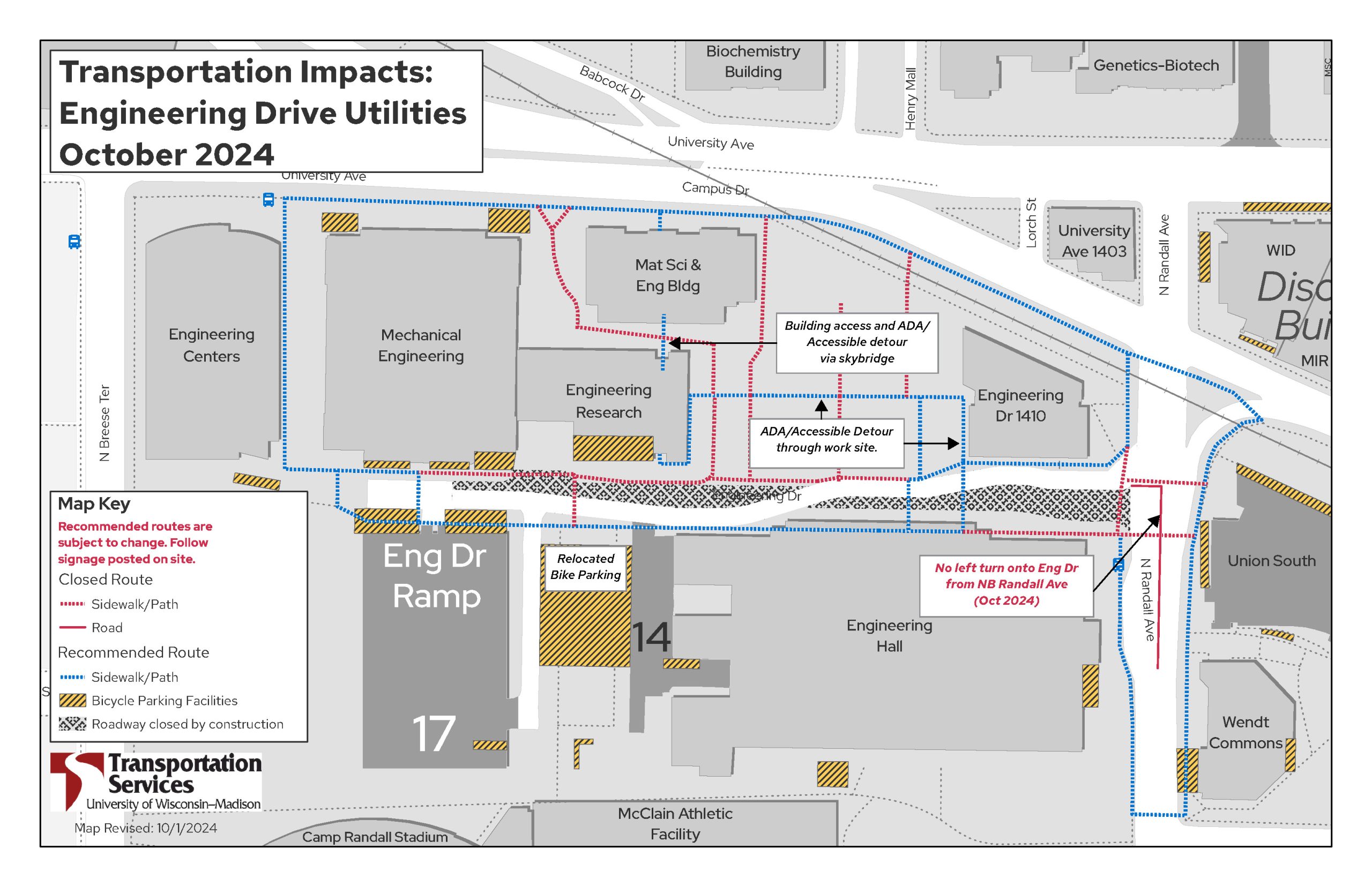 Accessible text descriptions of closures and detours are available at https://transportation.wisc.edu/2024/08/30/engineering-drive-utility-work-to-affect-campus-travel-building-access/