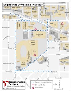 Full text descriptions of closures and detours are available at https://transportation.wisc.edu/2024/08/30/engineering-drive-utility-work-to-affect-campus-travel-building-access/