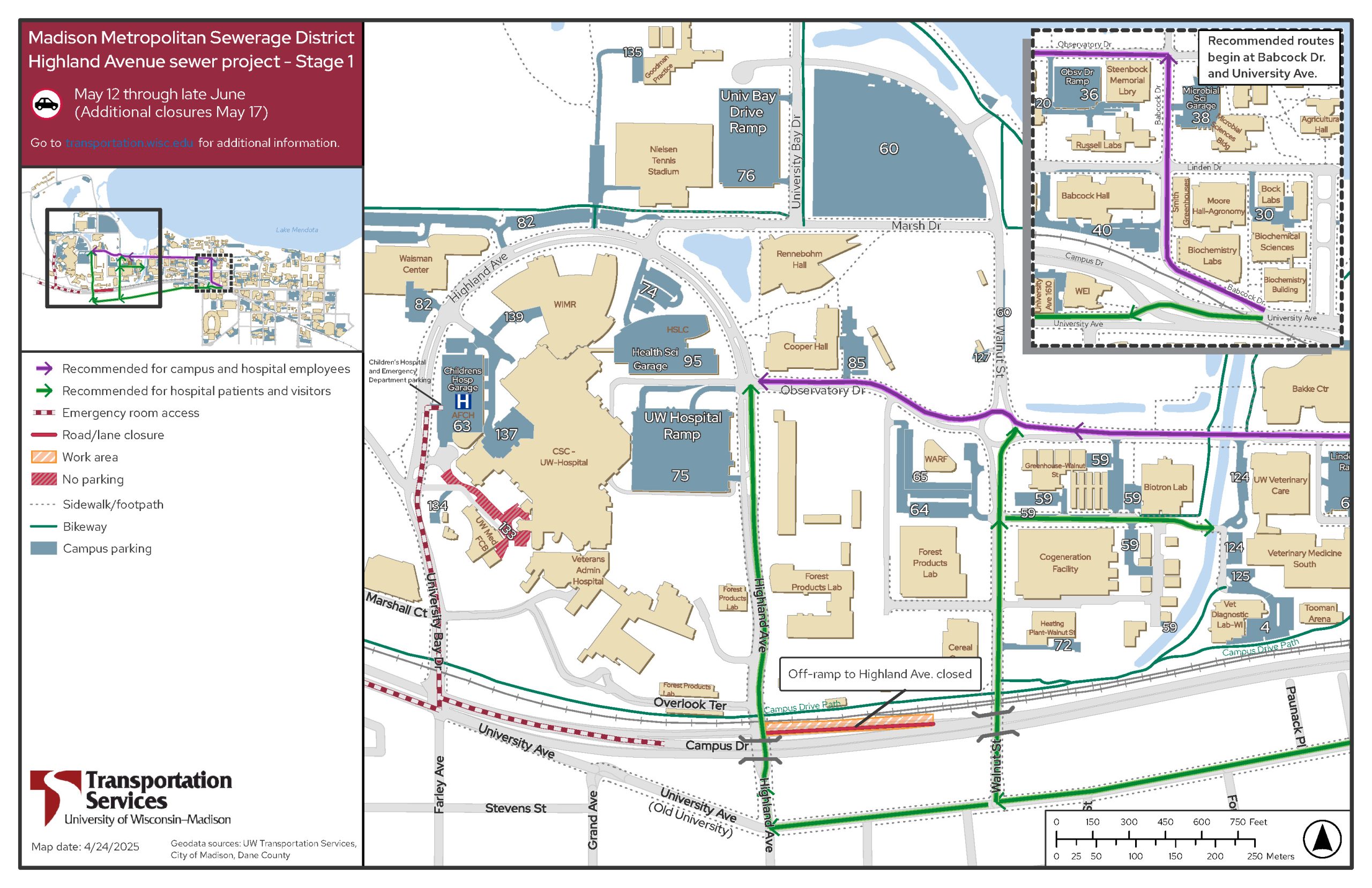 Map of west UW-Madison campus area with green and purple arrows showing detour routes. For an accessible text description of this map, go to https://transportation.wisc.edu/2025/04/01/highland-avenue-sewer-project-to-affect-west-uw-campus-area-uw-hospital-travel/