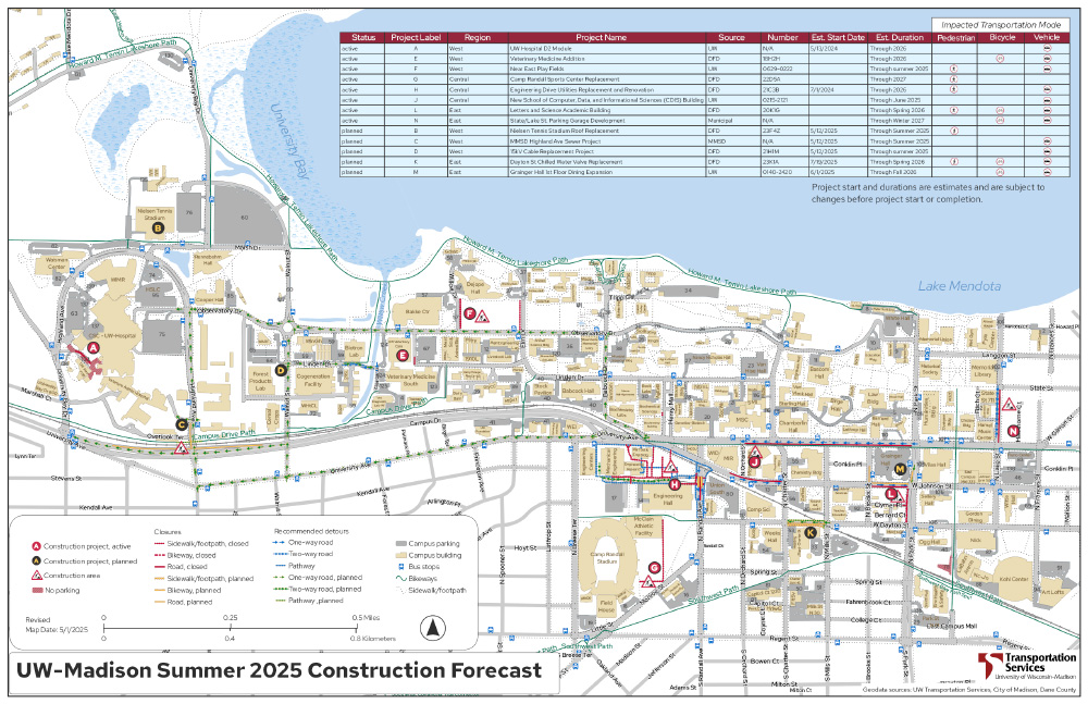 Map of the UW-Madison campus showing current and upcoming construction projects on campus. Full text descriptions are available at transportation.wisc.edu/construction/