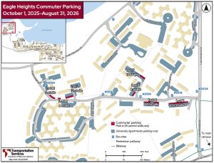 Map of Eagle Heights commuter parking locations. For accessible text descriptions, go to transportation.wisc.edu/parking-lots/eagle-heights