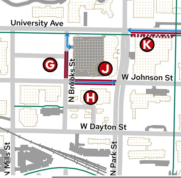 Map of roads and sidewalks on the UW-Madison campus affected by construction. Accessible text descriptions available at transportation.wisc.edu