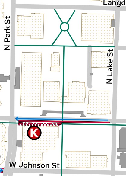 Map of roads and sidewalks affected by construction on the UW-Madison campus. Accessible text descriptions at transportation.wisc.edu.