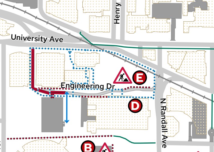 Map of roads and sidewalks affected by construction on the UW-Madison campus. Accessible text descriptions at transportation.wisc.edu.