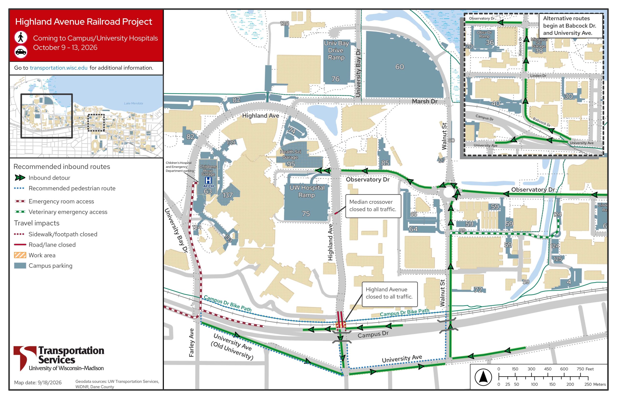 Map showing open routes to arrive to western campus and the hospital during the project.