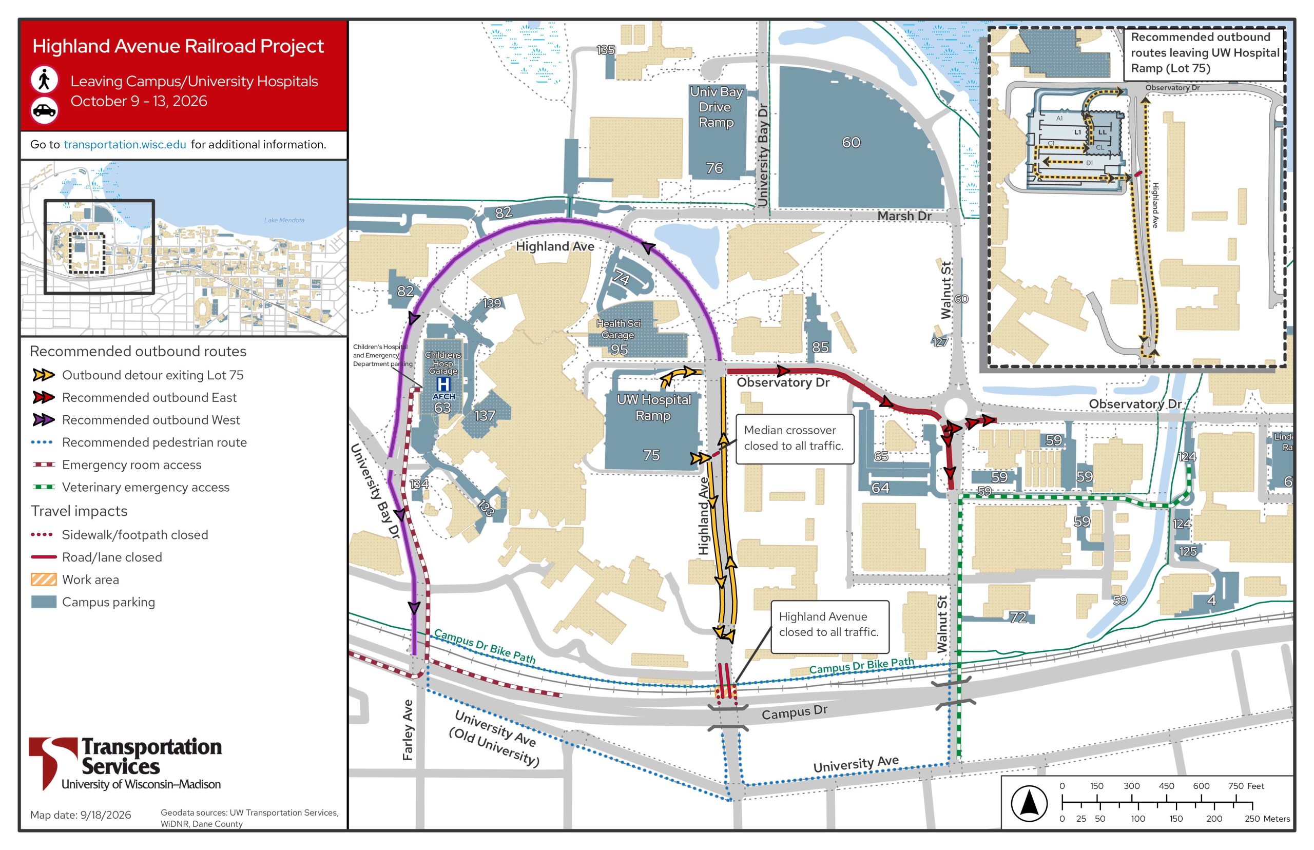 Map showing open routes to leave western campus and the hospital during the project.