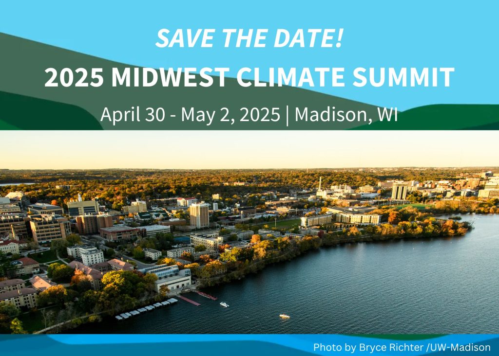 A photo of the Madison shoreline with Save the Date language above
