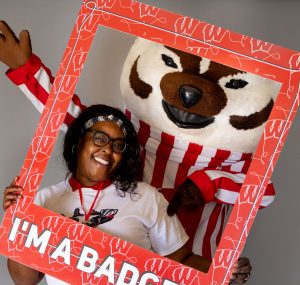 Returning adult student with Bucky Badger
