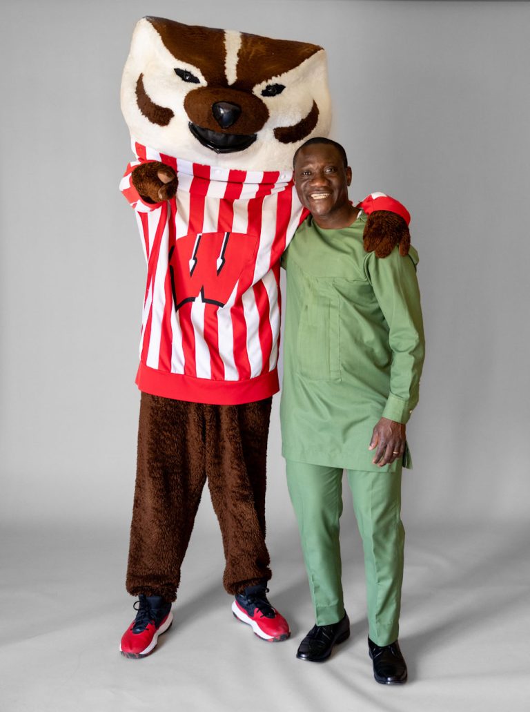 Returning adult student with Bucky Badger