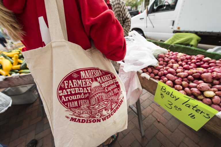 Person carrying a reusable bag at farmers market.