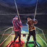 Artwork showing 2 people holding long elecrtofishing poles a the front of a lit boat.