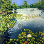 artwork of small pond with water lilys, canoe, duck and tree lined shore