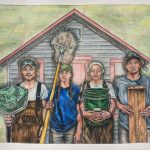 Artwork of TLS buidling in backgroud and in foreground 4 people painted holding different types of sampling equipment.