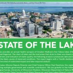 Madison's Isthmus, shown with Lake Mendota (background) and words STATE OF THE LAKES. An image to represent the linked article.