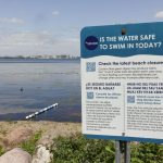 Photo of Lake Monona with capital in background. Sign in foreground stating IS THE WATER SAFE TO SWIM IN TODAY