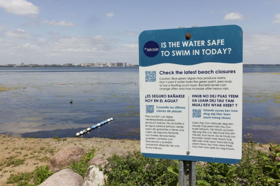 Photo of Lake Monona with capital in background. Sign in foreground stating IS THE WATER SAFE TO SWIM IN TODAY