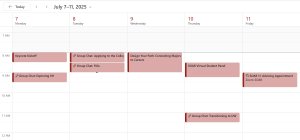 screenshot of a Virtual Advising week schedule in outlook calendar with Friday advising appointment