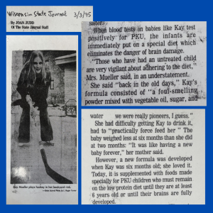 Excerpt from a newspaper article on Kay Emerson in 1975, interviewing her mom about the PKU formula she fed Kay
