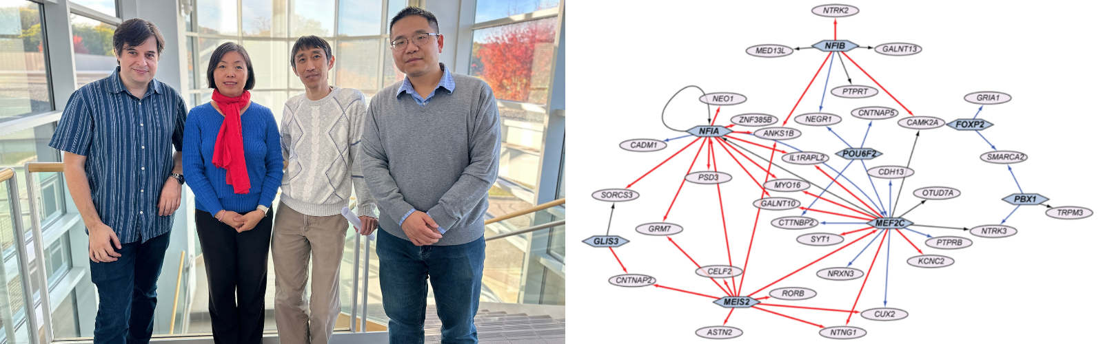 Four people standing next to each other and a gene regulatory map